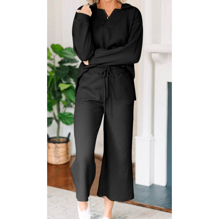 Pennie Black Textured Collared V Neck Top and Wide Leg Pants Set