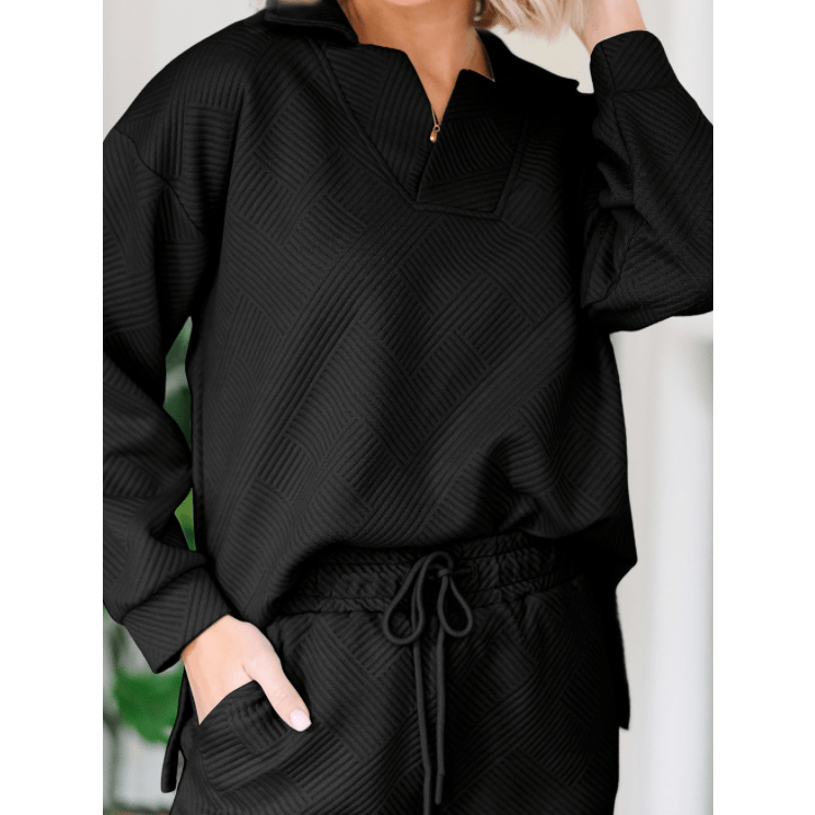 Pennie Black Textured Collared V Neck Top and Wide Leg Pants Set