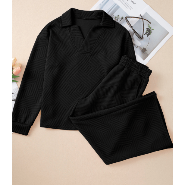 Pennie Black Textured Collared V Neck Top and Wide Leg Pants Set