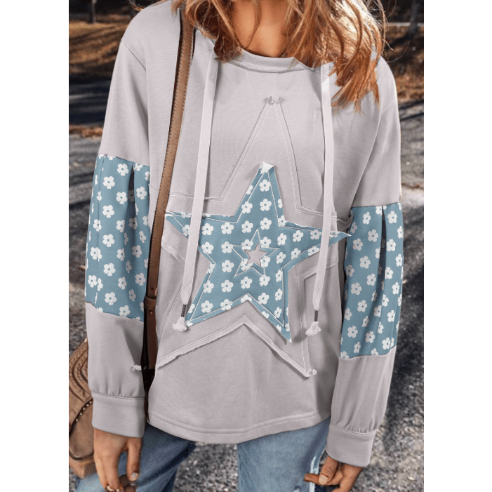 Stormi Blue Floral Patchwork Star Pattern Drawstring Hoodie
