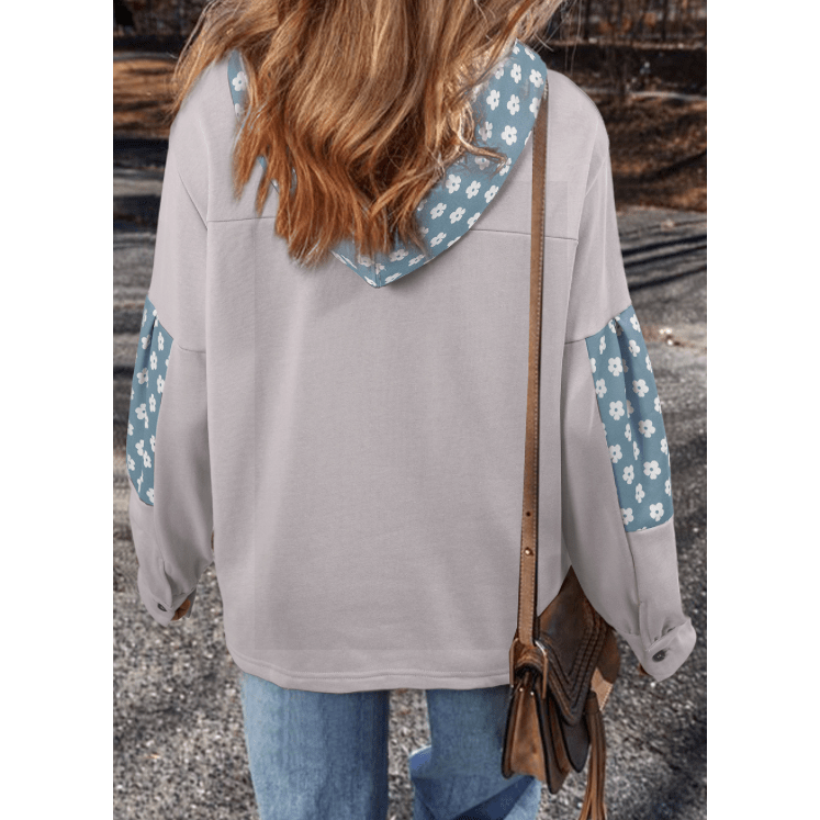 Stormi Blue Floral Patchwork Star Pattern Drawstring Hoodie
