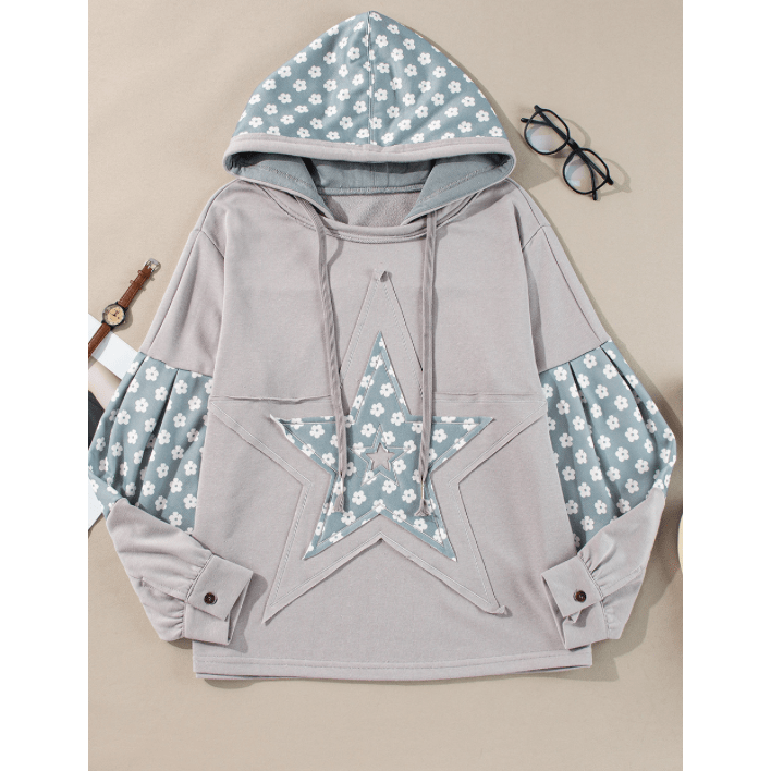 Stormi Blue Floral Patchwork Star Pattern Drawstring Hoodie