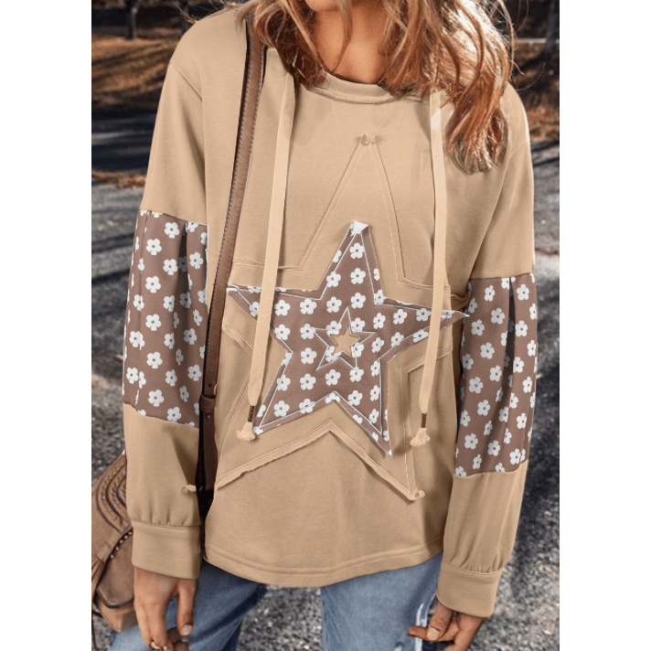 Stormi Apricot Floral Patchwork Star Pattern Drawstring Hoodie