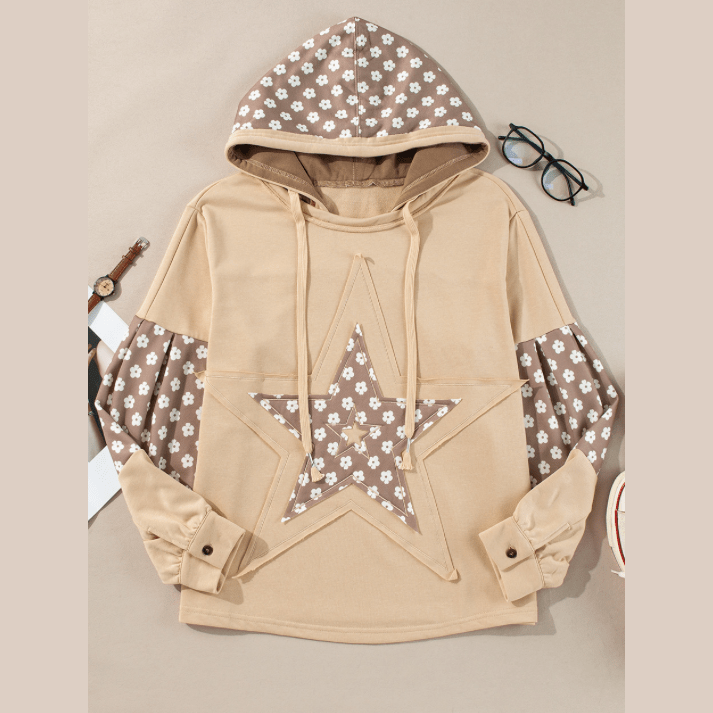 Stormi Apricot Floral Patchwork Star Pattern Drawstring Hoodie