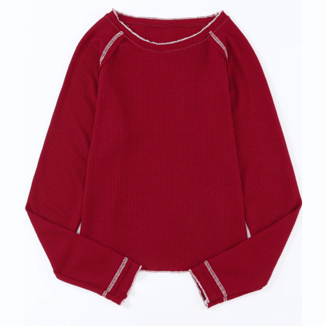 Payson Red Textured Round Neck Long Sleeve Top