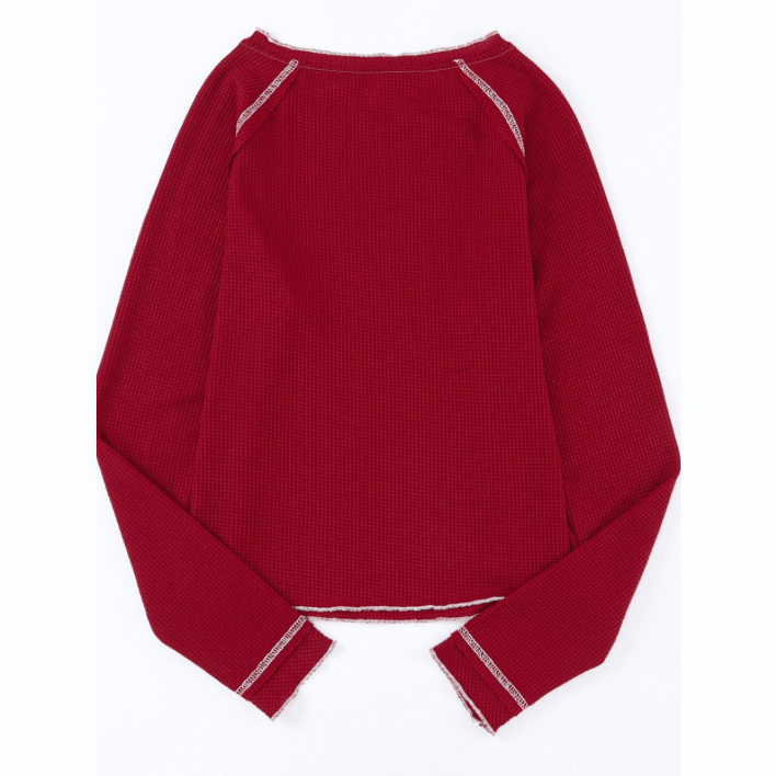 Payson Red Textured Round Neck Long Sleeve Top