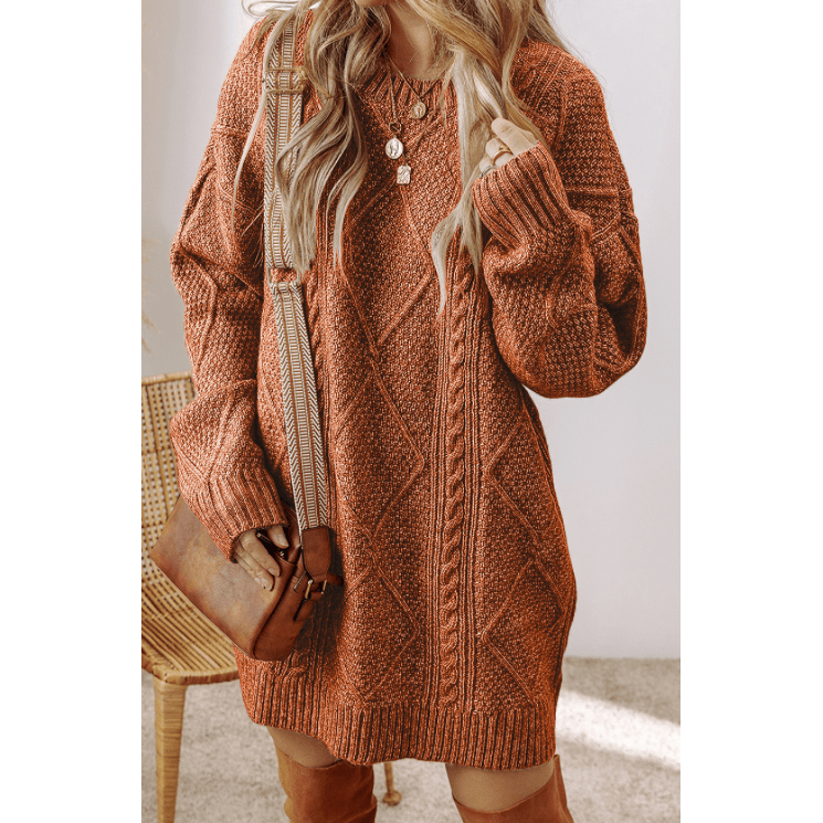 Kenna Coffee Cable Knit Drop Shoulder Loose Fit Sweater Dress