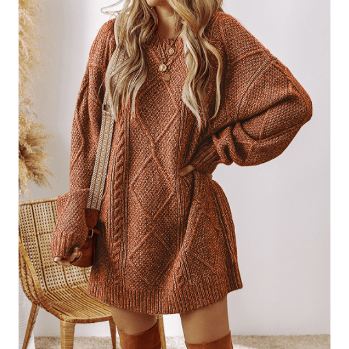 Kenna Coffee Cable Knit Drop Shoulder Loose Fit Sweater Dress