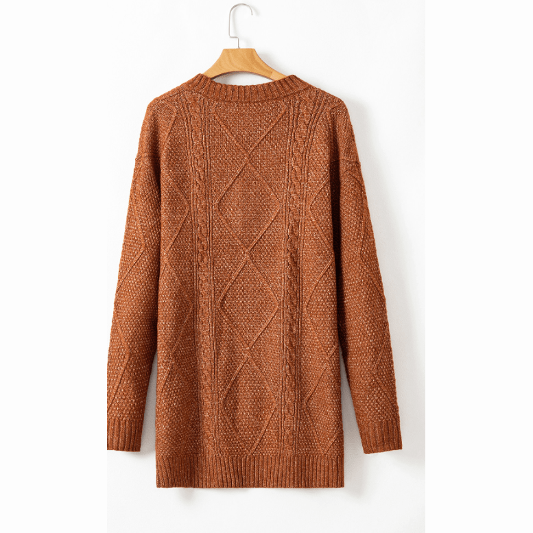 Kenna Coffee Cable Knit Drop Shoulder Loose Fit Sweater Dress