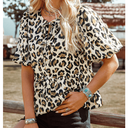 REDUCED!!! Cinni Leopard Bubble Sleeve Bow Tie Front Peplum Blouse REDUCED!!!