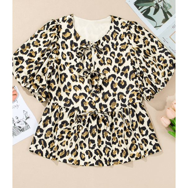 REDUCED!!! Cinni Leopard Bubble Sleeve Bow Tie Front Peplum Blouse REDUCED!!!
