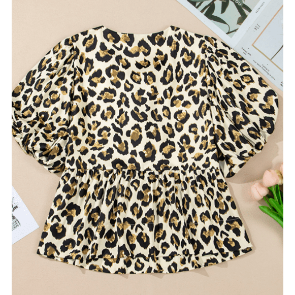 REDUCED!!! Cinni Leopard Bubble Sleeve Bow Tie Front Peplum Blouse REDUCED!!!