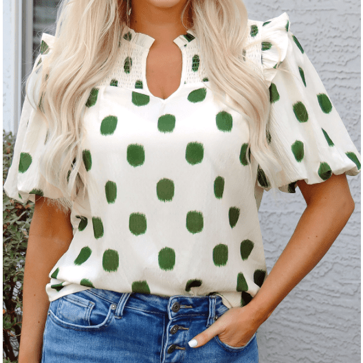 Phoebe Green Polka Dot Print Shirred Yoke Notched Neck Balloon Sleeve Blouse