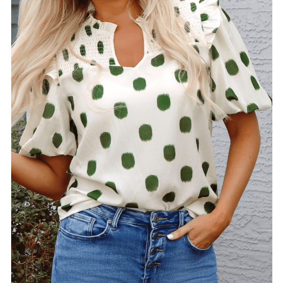 Phoebe Green Polka Dot Print Shirred Yoke Notched Neck Balloon Sleeve Blouse