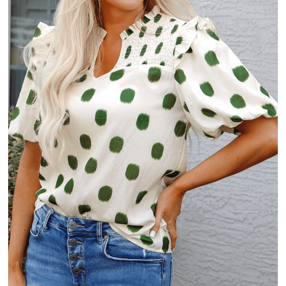 Phoebe Green Polka Dot Print Shirred Yoke Notched Neck Balloon Sleeve Blouse