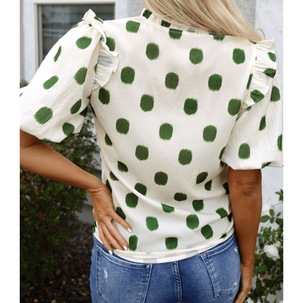 Phoebe Green Polka Dot Print Shirred Yoke Notched Neck Balloon Sleeve Blouse