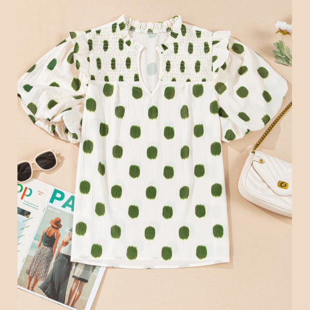 Phoebe Green Polka Dot Print Shirred Yoke Notched Neck Balloon Sleeve Blouse