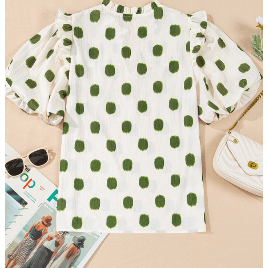 Phoebe Green Polka Dot Print Shirred Yoke Notched Neck Balloon Sleeve Blouse