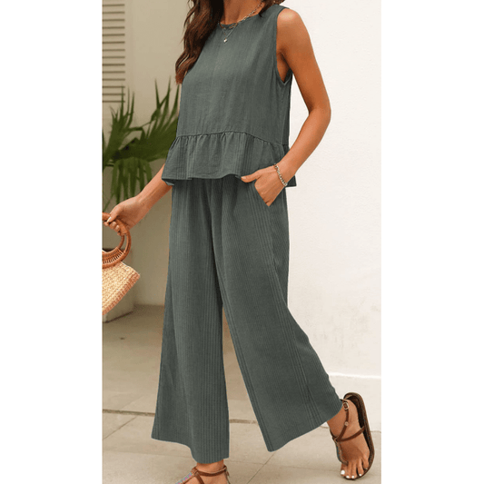 Lia Green Ribbed Ruffle Tank Top and Pants Set