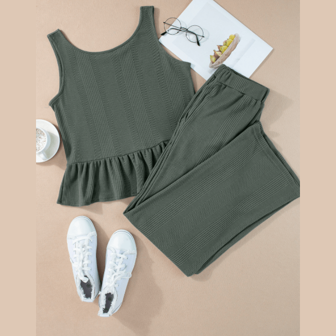 Lia Green Ribbed Ruffle Tank Top and Pants Set