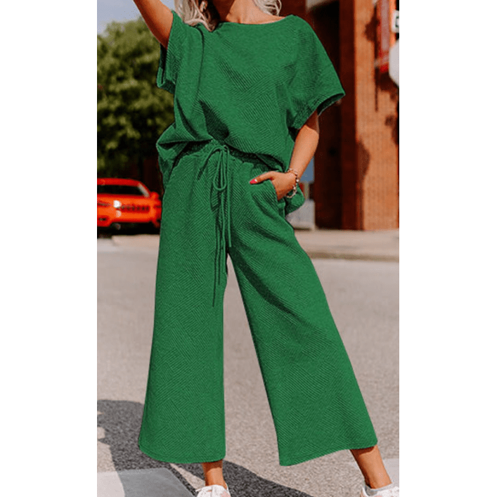 Belva Green Textured Loose Fit T Shirt and Drawstring Pants Set
