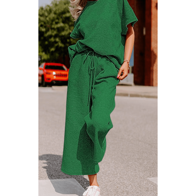 Belva Green Textured Loose Fit T Shirt and Drawstring Pants Set