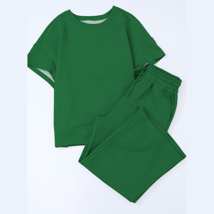 Belva Green Textured Loose Fit T Shirt and Drawstring Pants Set