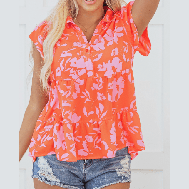 Teresita Orange Floral Print Collared Button Neckline Flutter Sleeve Blouse
