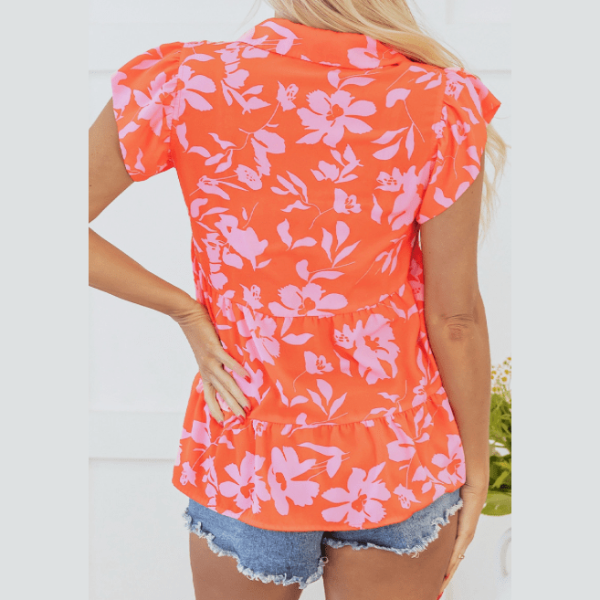 Teresita Orange Floral Print Collared Button Neckline Flutter Sleeve Blouse