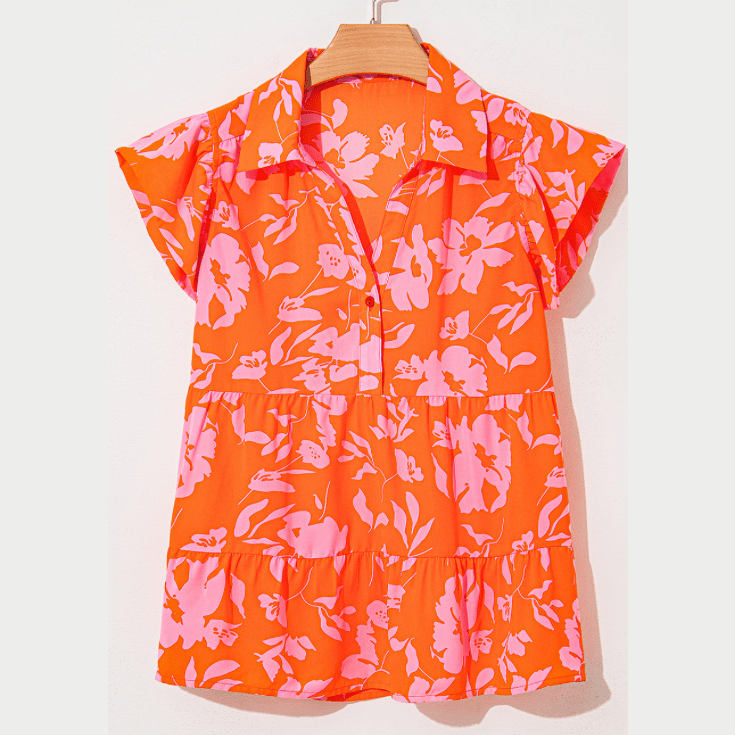 Teresita Orange Floral Print Collared Button Neckline Flutter Sleeve Blouse