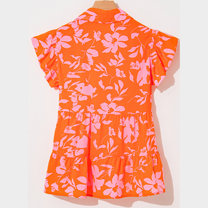Teresita Orange Floral Print Collared Button Neckline Flutter Sleeve Blouse
