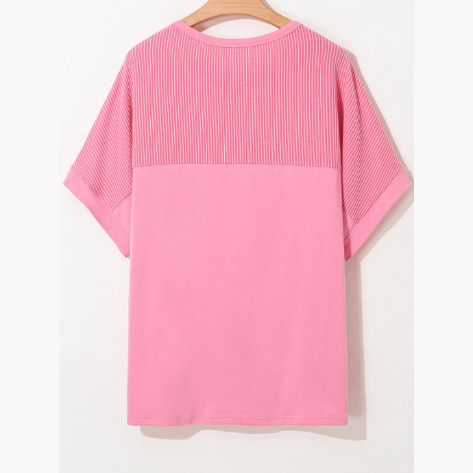 Tasnia Bonbon Pink Corded Patchwork Pocketed PLUS SIZE T Shirt