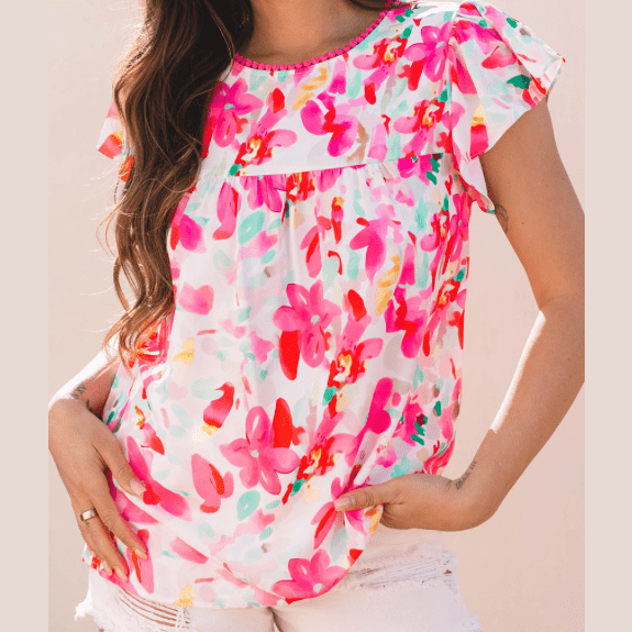 Veronnie Floral Print Flutter Sleeve Round Neck Casual Blouse