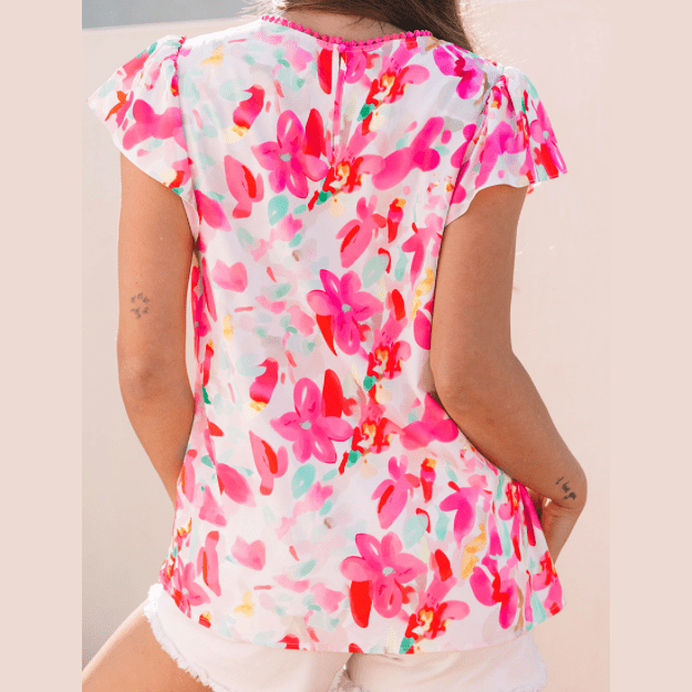 Veronnie Floral Print Flutter Sleeve Round Neck Casual Blouse
