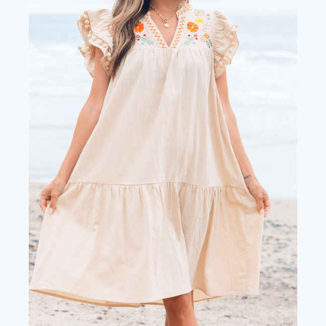 Maxine Linen Embroidery Split Neck Pom Pom Ruffle Sleeves Flowy Short Dress