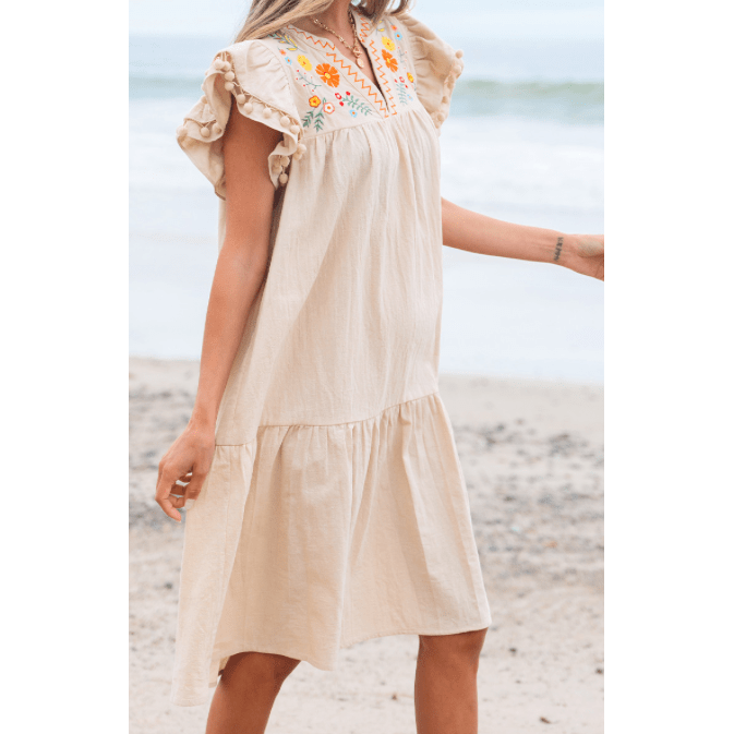 Maxine Linen Embroidery Split Neck Pom Pom Ruffle Sleeves Flowy Short Dress