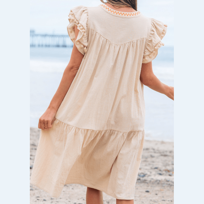 Maxine Linen Embroidery Split Neck Pom Pom Ruffle Sleeves Flowy Short Dress