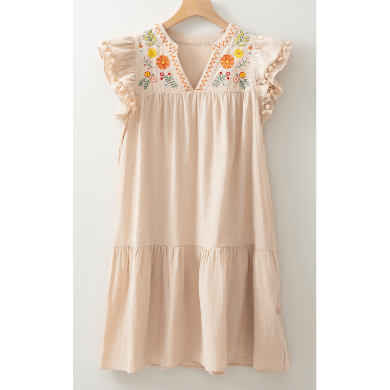 Maxine Linen Embroidery Split Neck Pom Pom Ruffle Sleeves Flowy Short Dress