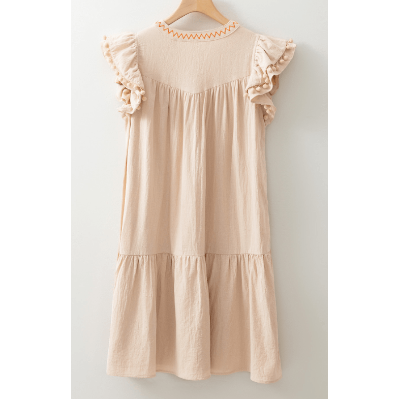 Maxine Linen Embroidery Split Neck Pom Pom Ruffle Sleeves Flowy Short Dress