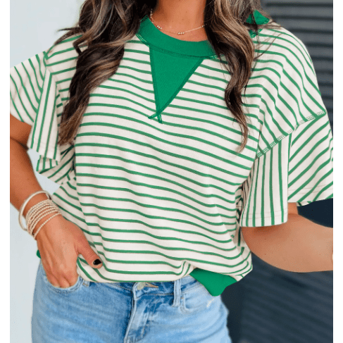 Maritsa Green Contrast Detail Striped Ruffle Short Sleeve Top