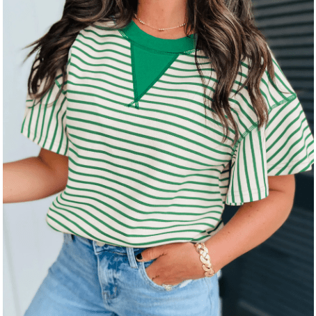 Maritsa Green Contrast Detail Striped Ruffle Short Sleeve Top