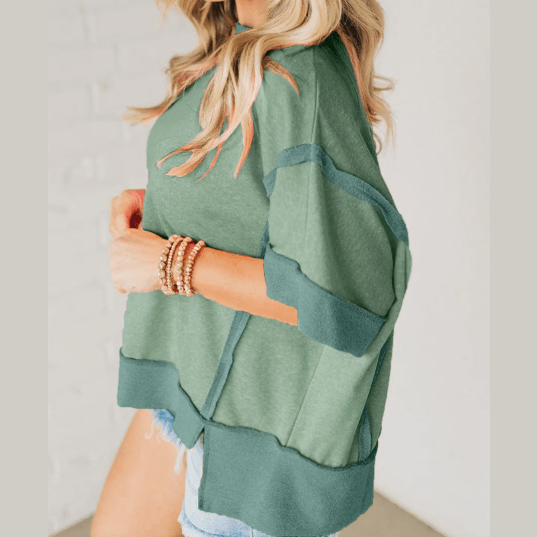 Delphine Green Half Sleeve Raw Seam High Low Side Split Top