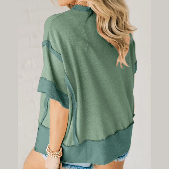 Delphine Green Half Sleeve Raw Seam High Low Side Split Top