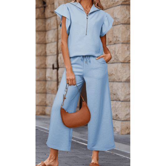 Melinda Blue Textured Ruffled Sleeve Zipped Top and Wide Leg Pants Set