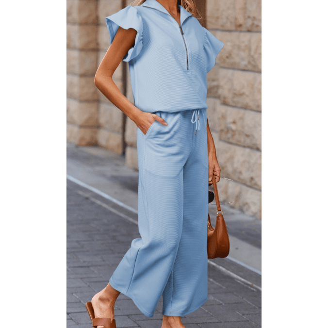 Melinda Blue Textured Ruffled Sleeve Zipped Top and Wide Leg Pants Set