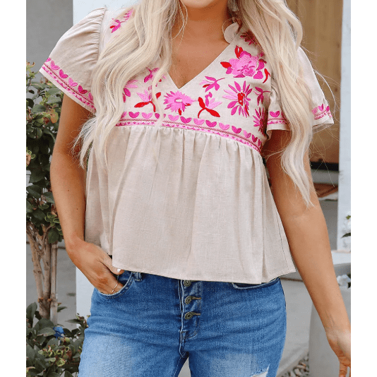 REDUCED!!! Quella Beige Floral Embroidered Short Sleeve Notched V Neck Blouse REDUCED!!!
