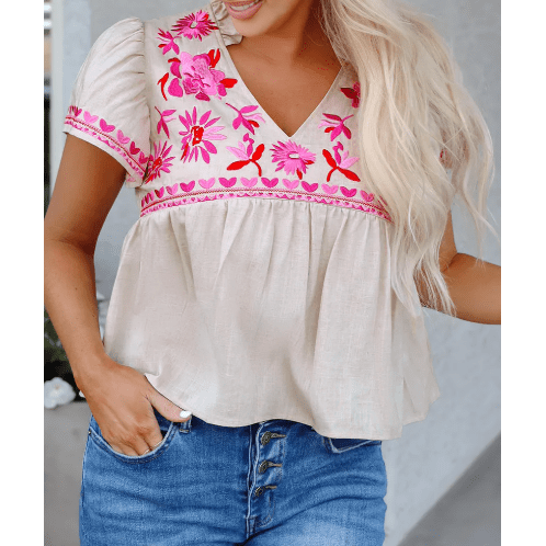 REDUCED!!! Quella Beige Floral Embroidered Short Sleeve Notched V Neck Blouse REDUCED!!!