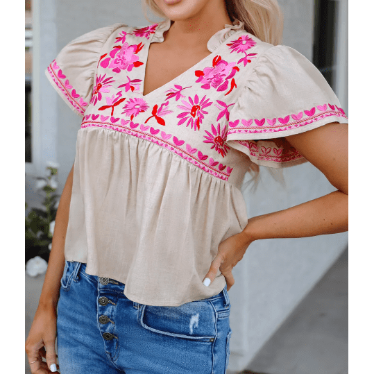 REDUCED!!! Quella Beige Floral Embroidered Short Sleeve Notched V Neck Blouse REDUCED!!!