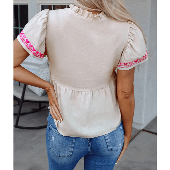 REDUCED!!! Quella Beige Floral Embroidered Short Sleeve Notched V Neck Blouse REDUCED!!!