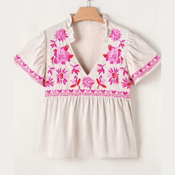 REDUCED!!! Quella Beige Floral Embroidered Short Sleeve Notched V Neck Blouse REDUCED!!!